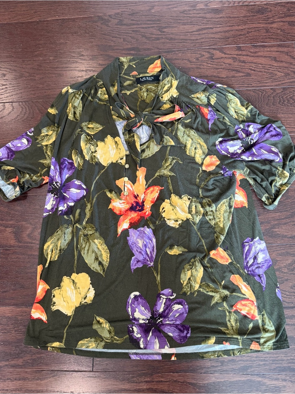 Lauren Ralph Lauren Olive Floral Tie-Neck Polo Shirt, Large